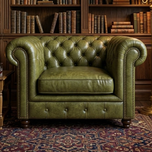 Fauteuil Chesterfield classique en cuir véritable, capitonné, vintage, pour la décoration du salon, fauteuil Chesterfield en cuir - Product Image 2