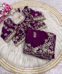 Sari de satén Fendi Royal Mirror Touch para boda, con lentejuelas y bordes de diseño, estilo Glamour con bordes calados. - Product Image 1