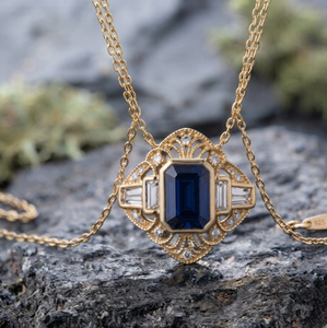 Rhodium Plated Gold Tone Fine Flower Pendant Necklace Blue Oval Center Diamond Halo Baguette Clasp Chain Jewelry for Women - Product Image 1