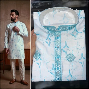 <b>Men</b> White Blue Printed <b>Kurta</b> Pajama Set Regular Fit Traditional Indian Pakistani Ankle-Length Wrinkle Free - Product Image 4