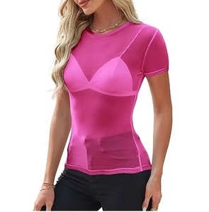 เสื้อยืดตาข่ายแขนสั้นทรงปกติสำหรับผู้หญิง ระบายอากาศได้ดี เซ็กซี่ เหมาะสำหรับใส่ไปคลับ ปาร์ตี้ ทรงเข้ารูป สีชมพู ผ้าตาข่ายบาง โปร่งใส - Product Image 1