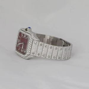 Custom Luxury Diamond Watch for Men Square <b>Red</b> Dial Silver Full Pave Moissanite Roman Style Wristwatch - Product Image 2