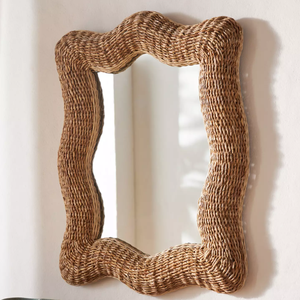 Espejo de Pared de Mimbre Ondulado, Marco de Mimbre Hecho a Mano, Espejo Decorativo Boho Natural para el Hogar, Sala de Estar, Dormitorio - Product Image 1