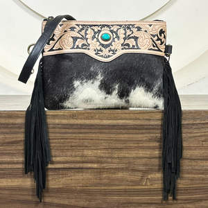 Western Style Hand Tooled Cowhide Leather Turquoise Stone <b>Large</b> Capacity Fringe Bags Designer Boho Style HandBag for Travel - Product Image 5