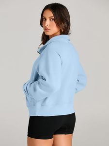 Sweat-shirt à col zippé pour femme, coupe oversize, en polaire bleu ciel clair, avec col demi-zippé, poche kangourou et manches longues - Product Image 2