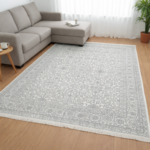 พรมขนสัตว์สีเทาไอวอรี่ลายดอกไม้สไตล์เปอร์เซียถักด้วยมือ ลวดลายพฤกษศาสตร์ประณีตทั่วทั้งผืน ขอบคลาสสิกแบบมีชายครุย - Product Image 3