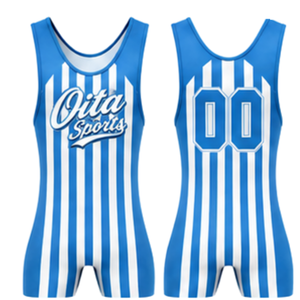 Combinaison de lutte sublimée rayée bleu roi et blanc pour hommes, en polyester léger, uniforme de lutte athlétique pour l'entraînement et la performance - Product Image 1