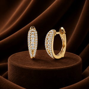 Round Diamond Hoop Earrings Double Row Moissanite Stone Plated Yellow <b>Gold</b> Women's <b>Huggie</b> Earrings for Wedding Party - Product Image 1