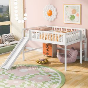 Letto a soppalco bianco a gamba bassa con scaletta e scivolo per bambini - Product Image 3