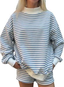 OEM Women’s Mock Neck Sweatshirt <b>Shorts</b> Set Striped <b>Long</b> Sleeve Custom Logo Casual Two Piece Set - Product Image 2