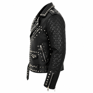 Chaqueta de Cuero Negra Personalizada para Hombre, Estilo Motero, con Tachuelas, Mangas Acolchadas, Estilo Punk Rock, Cuero Genuino - Product Image 3