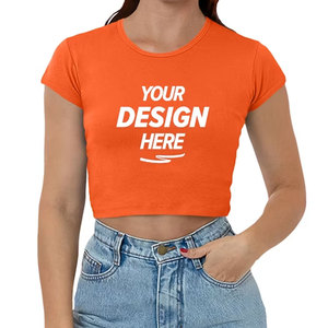 <b>Women</b> <b>Orange</b> Crew Neck Short Sleeve Solid Color Slim Fit Casual Jersey Cotton Spring Summer Wear Crop T Shirt - Product Image 1