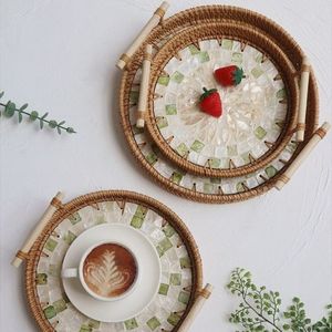 NEHA ENTERPRISES Natural Woven Rattan Serving Tray Shell Inlay Decorative Design Handmade Multi-Functional Bohemian Dining <b>Table</b> - Product Image 6