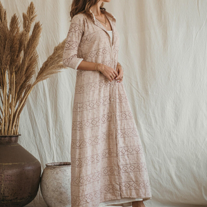 Vestido Camisero Maxi de Algodón, Estilo Victoriano de Doble Capa, Vestido Largo Beige, Túnica Kaftan, Cárdigan, Vestido Largo - Product Image 5