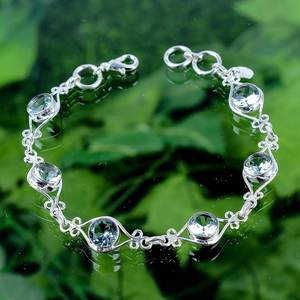 Pulsera con Dije de Aguamarina, Gema de Corte Redondo, Plata de Ley 925, Hecha a Mano, Joyería de Lujo de Alta Calidad, Regalo para Mujer, Ajustable - Product Image 1
