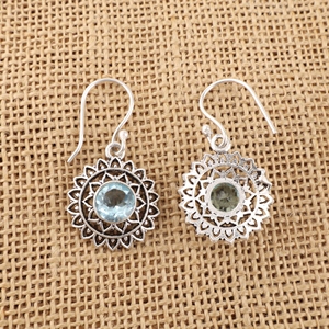 Boucles d'oreilles pendantes en argent sterling 925 avec topaze bleu ciel et laiton, serties de pierres rondes, pour femme - Product Image 2