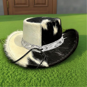 Sombrero de Vaquero de Cuero Vacuno Blanco y Negro con Banda Trenzada, Sombrero Unisex Marrón y Blanco Estilo Vaquero del Oeste para Festivales y Rodeos - Product Image 3