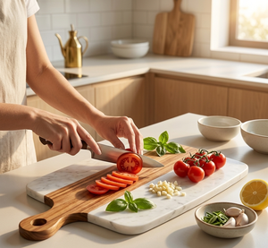 Everyday Eco-Friendly Premium Acacia Wood Marble Chopping <b>Block</b> Durable Rectangle <b>Shape</b> With Handle for Serving Cutting Board - Product Image 2