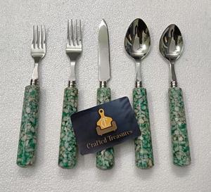 Ensemble de couverts minimalistes en acier inoxydable avec manche en terrazzo, cuillère, fourchette et couteau, 5 pièces, ustensiles de cuisine au meilleur prix - Product Image 2