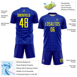 Conjunto de Camiseta de Fútbol Sublimada Personalizada, Patrón Geométrico Azul y Amarillo, Absorbe la Humedad, Manga Corta, Ropa Deportiva para Hombre Adulto - Product Image 2