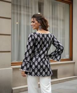 Kurti en coton imprimé fantaisie, à séchage rapide, style indien, pour usage quotidien, prix de gros, vêtement ethnique, bleu marine - Product Image 3