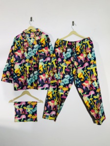 Conjunto de Pijama de Algodón de 3 Piezas para Mujer, Estampado de Hongos, Manga Larga, Abotonado, Ropa de Dormir Informal de Verano, Largo Completo - Product Image 1