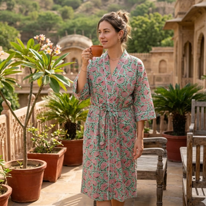 Bata Kimono de Algodón Verde Menta con Estampado Floral, Manga Larga, Ligera, Estilo Spa y Resort - Product Image 6