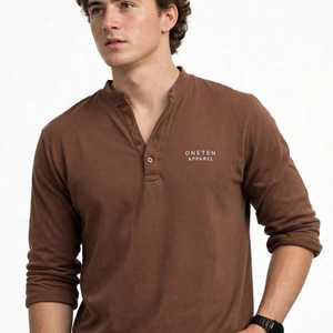 Oneten <b>Men's</b> Brown Long Sleeve <b>Henley</b> <b>Shirt</b> Casual Cotton Pocket Pullover Tee - Product Image 6