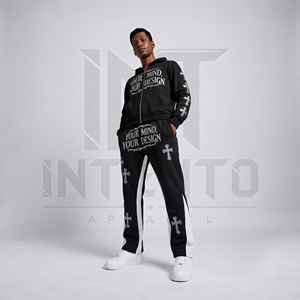 Conjunto deportivo gris con capucha y cremallera para hombre, con estampado de letras y diseño cruzado - Product Image 4