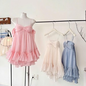 Robe mini en mousseline avec détail nœud, sans manches, coupe trapèze, écologique, vintage, décontractée d'été, rose et blanc - Product Image 5
