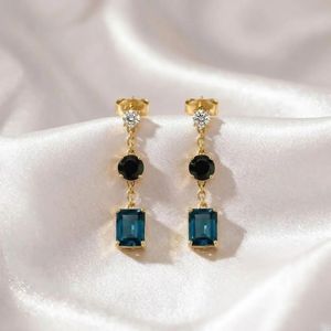 London Blue Topaz <b>Black</b> Obsidian Drop Earrings Rectangle & Round Cut CZ Accent Minimalist Stud Dangle Gift For Her Jewelry - Product Image 2
