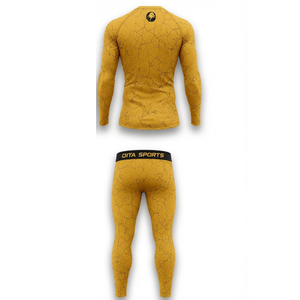 Ensemble de vêtements de sport pour homme, manches longues et leggings, jaune moutarde, performance active, compression, entraînement, fitness, gym, sportswear, athlétique - Product Image 2