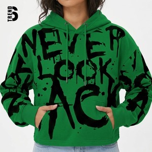 Green Oversized Crop Hoodie With Dripping Print Never Look Back Streetwear Unisex Knitted Cotton Sweatshirt - Product Image 1