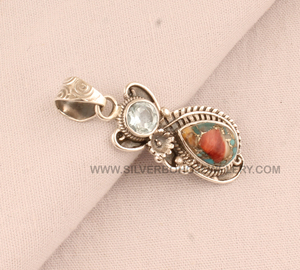 Pendentif en argent sterling 925 vintage avec topaze bleue, cuivre huître et turquoise, fait main, 18 pouces, unisexe, pour femme, vente en gros - Product Image 2