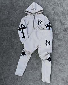 <b>White</b> Gothic <b>Zip</b> <b>Up</b> Hoodie Tracksuit Set | Black Cross Streetwear Sweatsuit | Custom OEM Private Label Fashion Manufacturer - Product Image 1