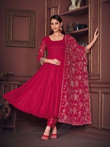 Ensemble Anarkali Rose de Luxe Premium pour Femme, Manches 3/4, en Santoon et Tulle, Semi-Couture, Extensible, Séchage Rapide, Idéal pour Fêtes et Mariages - Product Image 6