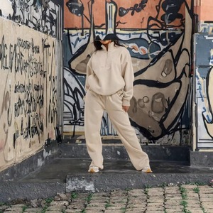 Ensemble de survêtement beige pour femme, demi-zip, manches longues, coupe ample, couleur unie, décontracté, pour l'automne, avec poches latérales et cordon de serrage - Product Image 5