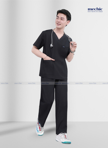 Conjunto de Uniforme Médico para Hombre, Cuello en V, Color Negro, Manga Corta, Tejido de Poliéster y Rayón, Incluye Pantalones - Product Image 3