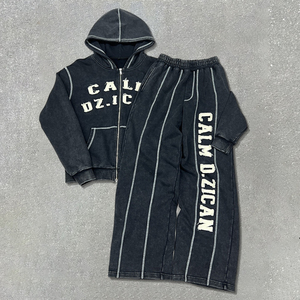 Custom Baggy <b>Cropped</b> Boxy Applique Embroidery Acid Wash Distressed <b>Zip</b> <b>up</b> Hoodies and Sweat Pants Set Sweat Suits Men - Product Image 3
