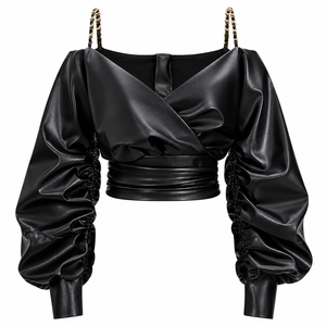 Chemisier court noir en similicuir PU pour femme, à épaules dénudées, style cache-cœur, à manches longues lanternes avec détail chaîne - Product Image 2