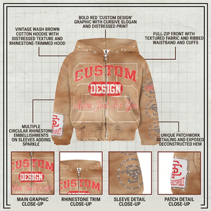 Sudadera con capucha Sunfaded de 450 g/m² para hombre, 100 % algodón, felpa francesa, con estampado gráfico de pedrería bordado, cremallera completa, estilo urbano holgado - Product Image 3