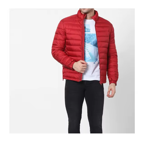 Bright <b>Red</b> Custom Lightweight Puffer <b>Jacket</b> Men Quilted Packable Winter Coat Stand Collar Zip Up OEM Factory Premium Wear - Product Image 1