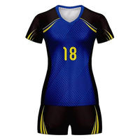 Conjunto de Uniforme de Voleibol para Mujer, Azul, Negro y Amarillo, con Estampado Sublimado, Manga Corta, Absorbente de Humedad, Ajustado