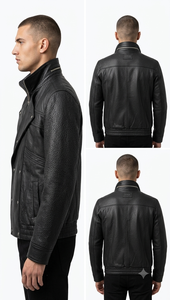 Chaqueta de hombre premium de cuero negro estilo baggy con cierre de cremallera, estilo oversize para streetwear. - Product Image 3