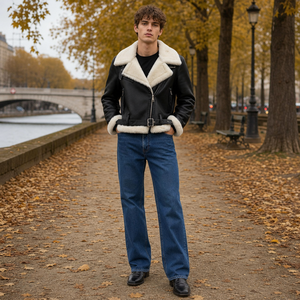 Men's Genuine Leather Motorcycle Jacket With Faux Fur Lining Windproof Biker Style Winter <b>Coat</b> <b>Zipper</b> Closure Belted Design - Product Image 5