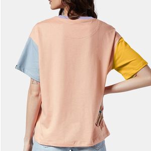 Camiseta de Cuello Redondo con Bloques de Color para Mujer, Manga Corta, Corte Holgado, Informal, Primavera Verano, 100% Algodón Jersey, Transpirable - Product Image 2