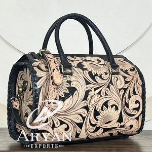 Wholesale Handcrafted Genuine Cow Leather Floral Pattern Speedy <b>Bag</b> for Women's Western Style with Crossbody <b>Shoulder</b> Purse - Product Image 1