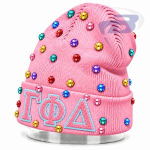 Gorro de Invierno de Punto Rosa con Adornos de Diamantes de Imitación para Mujeres de la Hermandad Gamma Phi Delta, Gorro de Invierno con Bordado de Chenille - Product Image 3