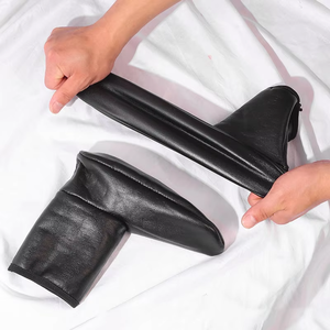Chaussons d'hiver noirs en maille épaisse, doublés de peluche, antidérapants, en cuir PU, pour hommes et femmes - Product Image 3