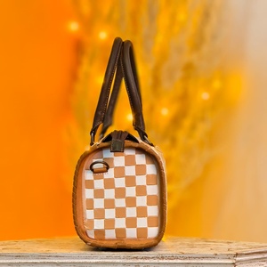 2026 Newly Checkered Diamond Pattern <b>Tooling</b> Florals Carved Genuine <b>Leather</b> Material Double Handle Carry Mini Speedy Duffle Bags - Product Image 3